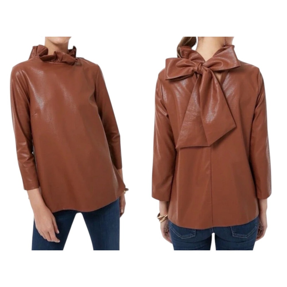 TUCKERNUCK Faye Brown Vegan Leather Top RUFFLE NECK Big Bow Tie in Back SIZE M